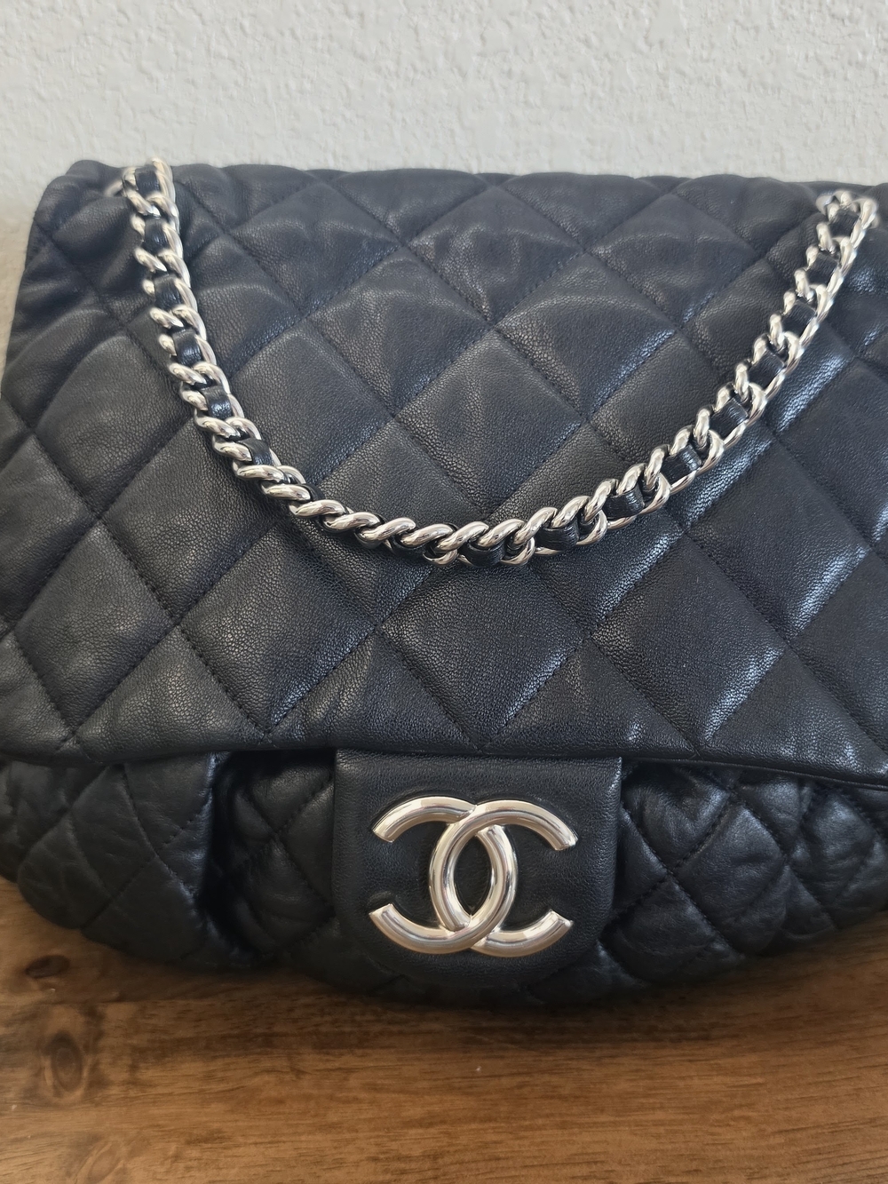 Chanel Black Puffy Quilted Lambskin Leather Chain Flap Bag